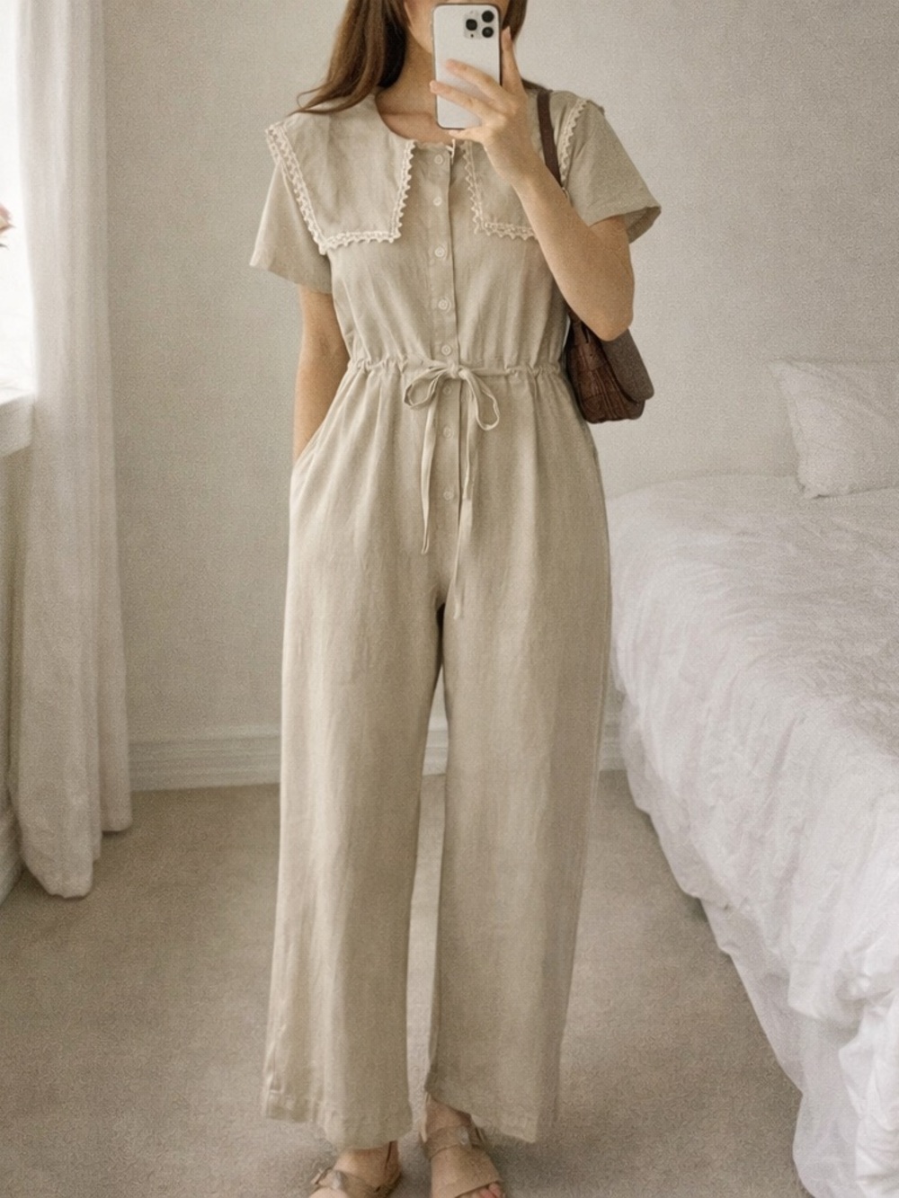 Cherrykoko Beige Lace Collar Jumpsuit Wide Leg Tie Waist Romper